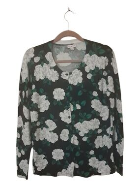 Melissa Black Button-Down Top with White Floral Print and Green Leaves